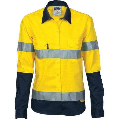 DNC Workwear Work Wear Yellow/Navy / 8 DNC WORKWEAR Women’s Hi-Vis Two-Tone Drill Long Sleeve Shirt with 3M Reflective Tape 3936