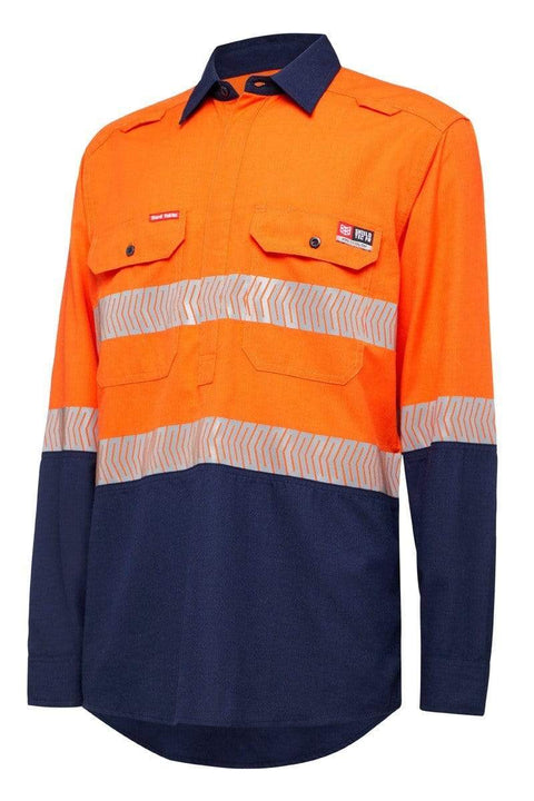 Hard Yakka Work Wear Orange/Navy / XS Hard Yakka LEN FR CF LS 2T tape hi vis shirt Y04375